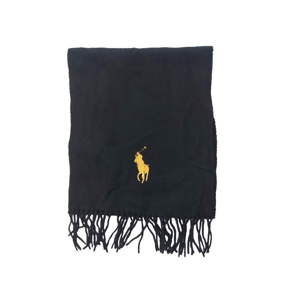 POLO Ralph Lauren Solid Black Scarf Embroidered Yellow Pony POLO Logo Scarves - Picture 1 of 6